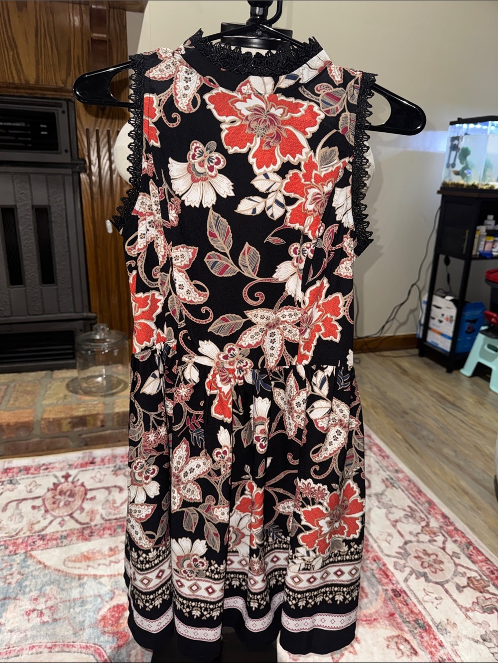 Soieblu Black Dress with Red and Cream Floral Print